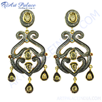Load image into Gallery viewer, Gold and black diamond dangle earrings with intricate design and teardrop accents.
