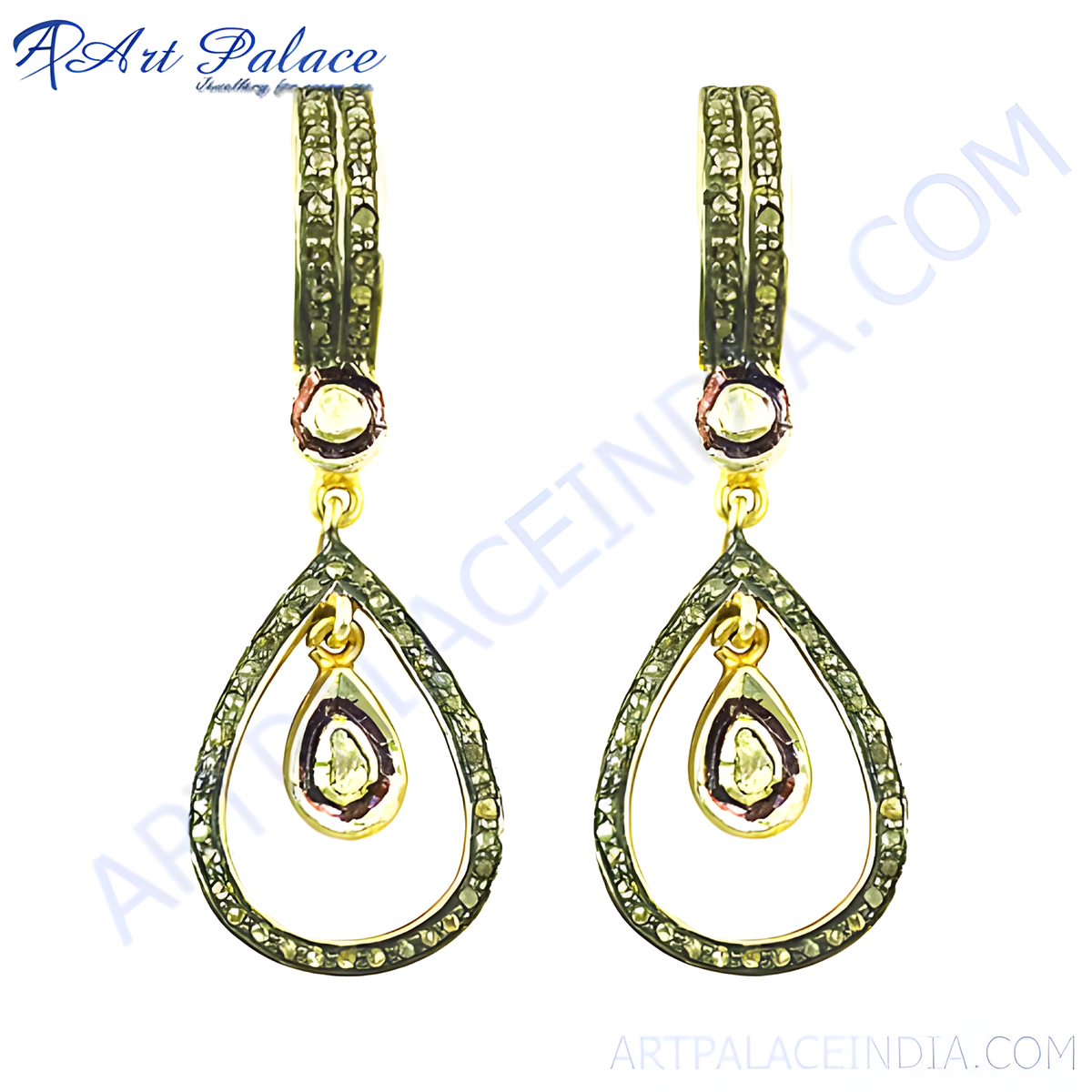 Gold dangle earrings with pear shaped diamonds, perfect for a touch of elegance and luxury