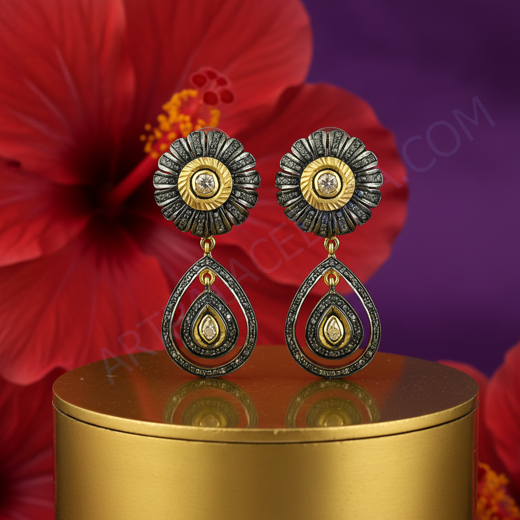 Gold diamond flower drop earrings | luxury women's jewelry