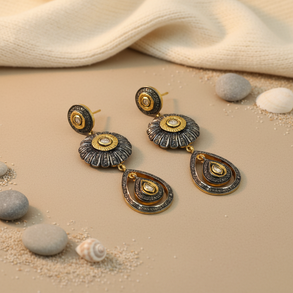 gold plating Diamond Flower Drop Earrings | Luxury Women's Jewelry