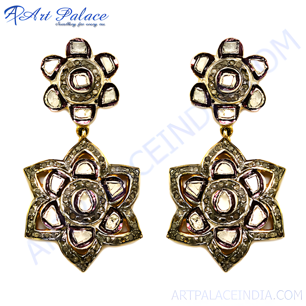 Gold floral dangle earrings with diamond accents, suitable for special occasions, elegant jewelry