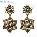 Load image into Gallery viewer, Gold floral dangle earrings with diamond accents, suitable for special occasions, elegant jewelry.
