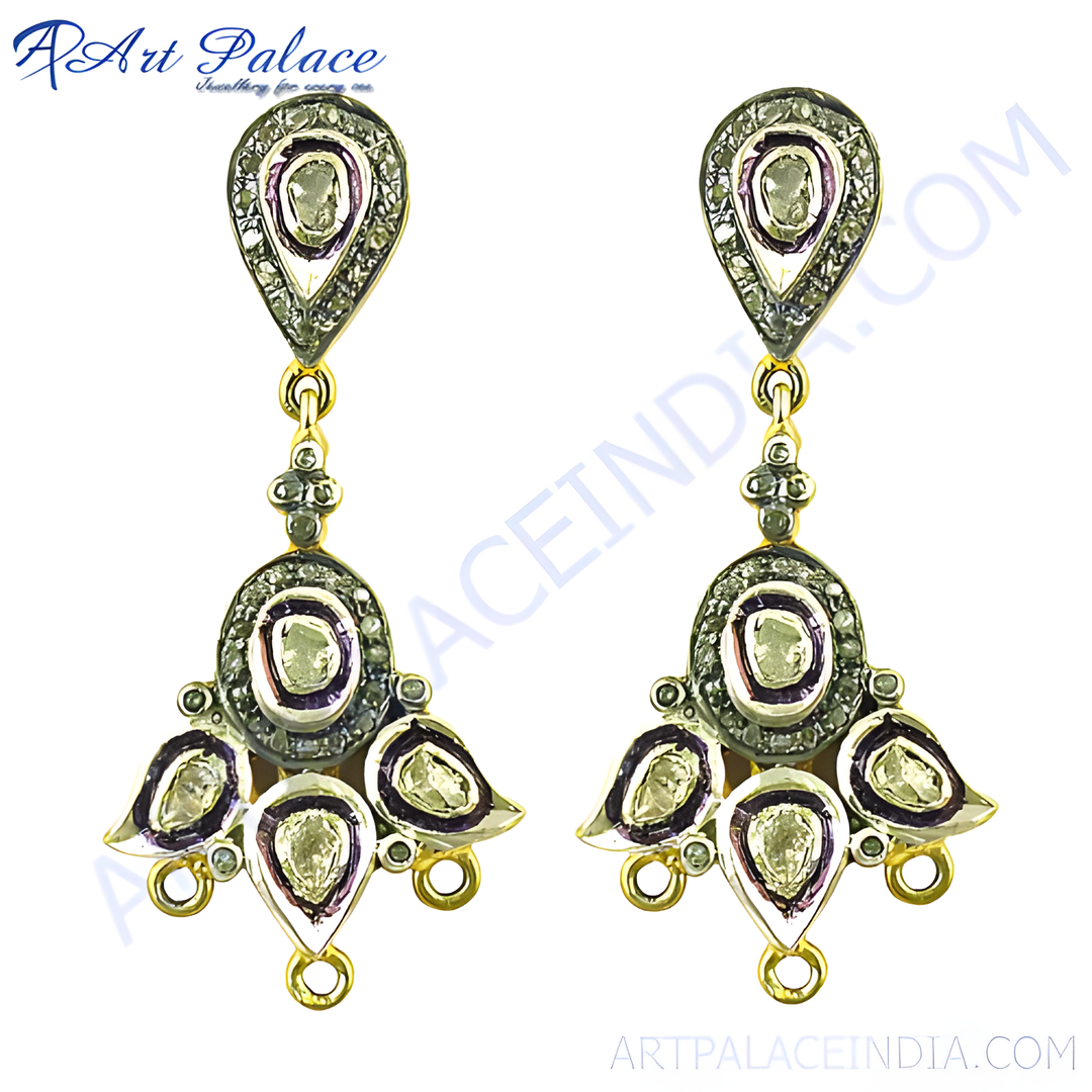 Gold teardrop chandelier earrings with diamonds, featuring a unique and elegant design.