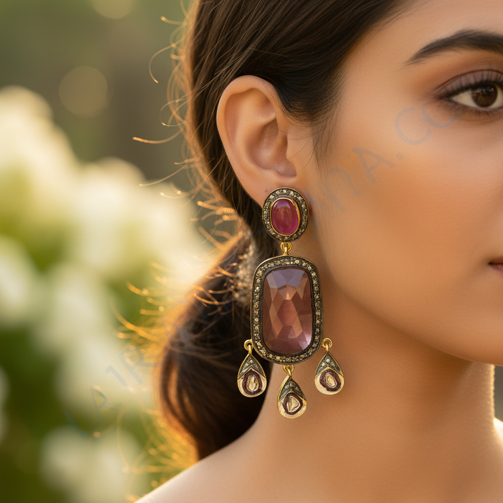 Ruby & Diamond Dangle Earrings | Gold Finish | Women's Jewelry