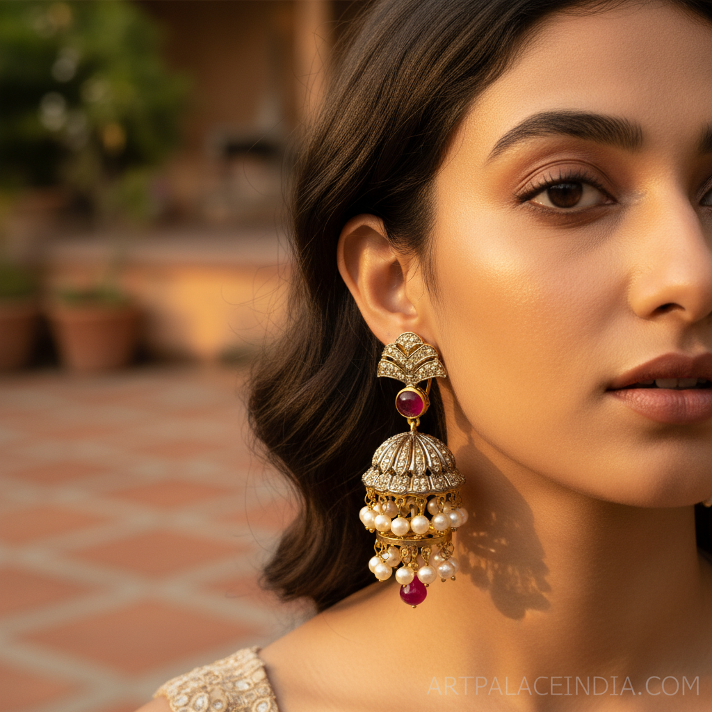 Gold Ruby Pearl Jhumka Earrings | Women's Indian Jewelry