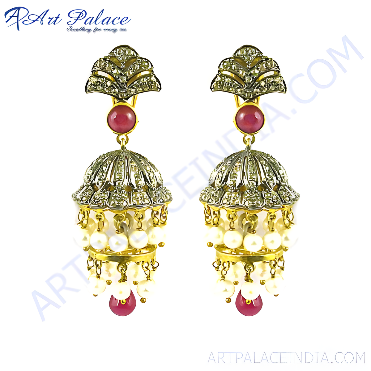 Gold jhumka earrings with ruby and pearl accents, showcasing indian jewelry craftsmanship