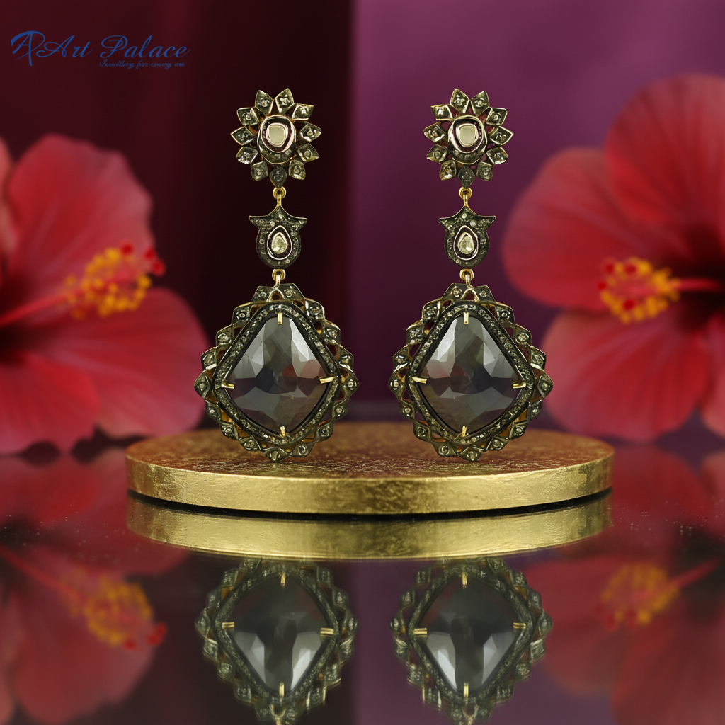 Gold black stone dangle earrings | statement jewelry