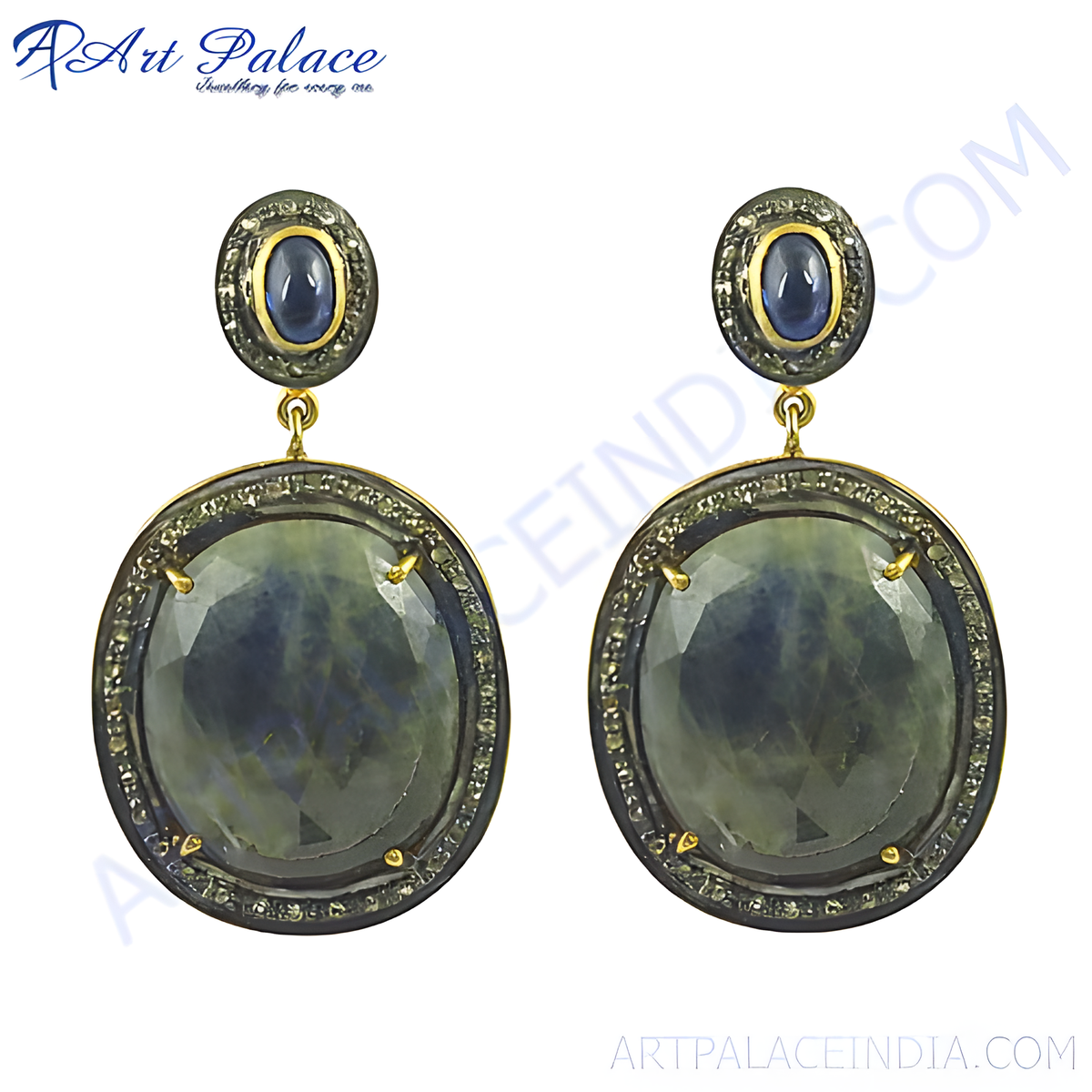 Sapphire and diamond drop earrings, featuring a large oval sapphire and smaller sapphire stud, set in a gold plated frame