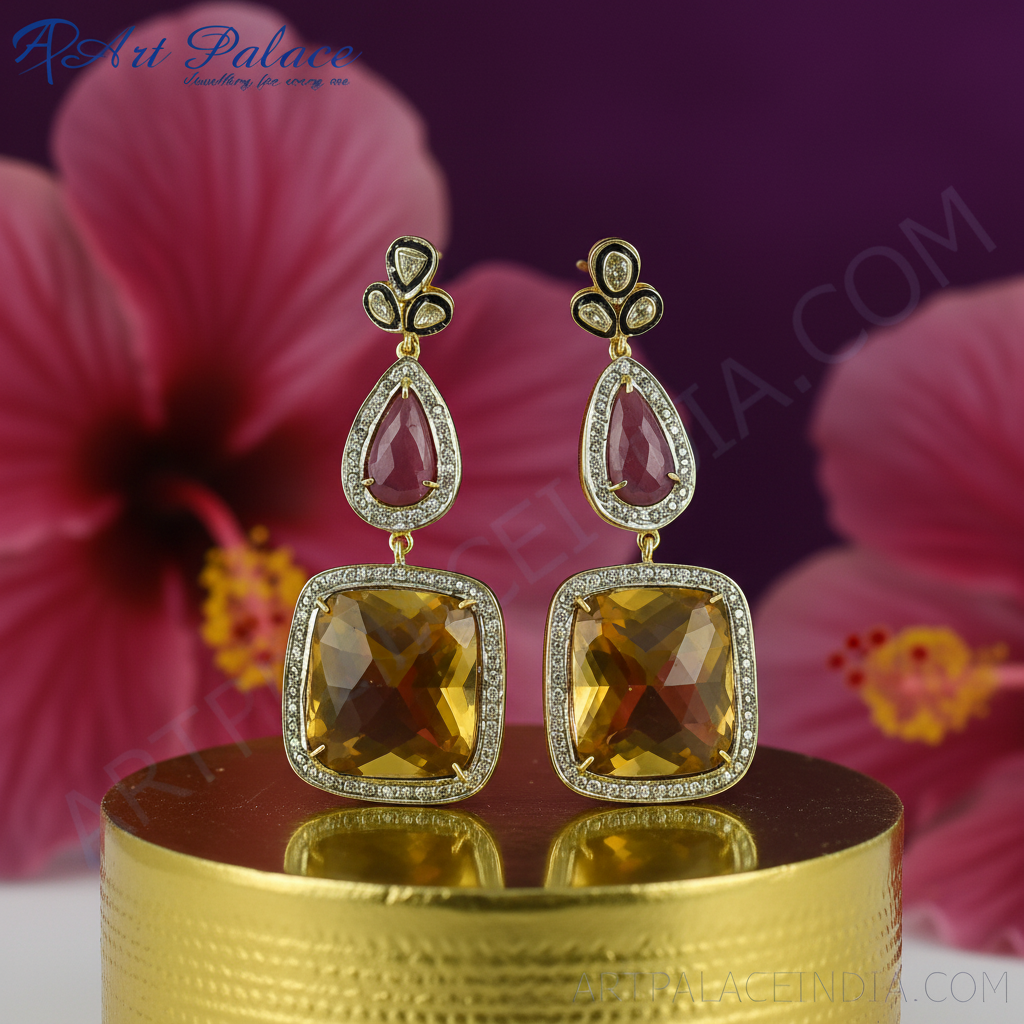 Gold Ruby Sapphire Drop Earrings | Women's Luxury Jewelry