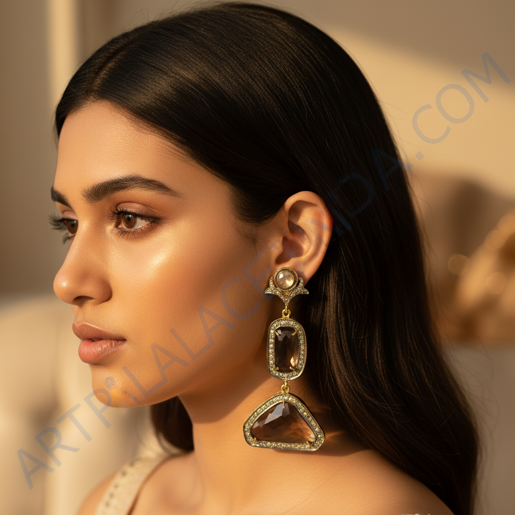 Gold Drop Earrings with Brown Gemstones | Women's Jewelry