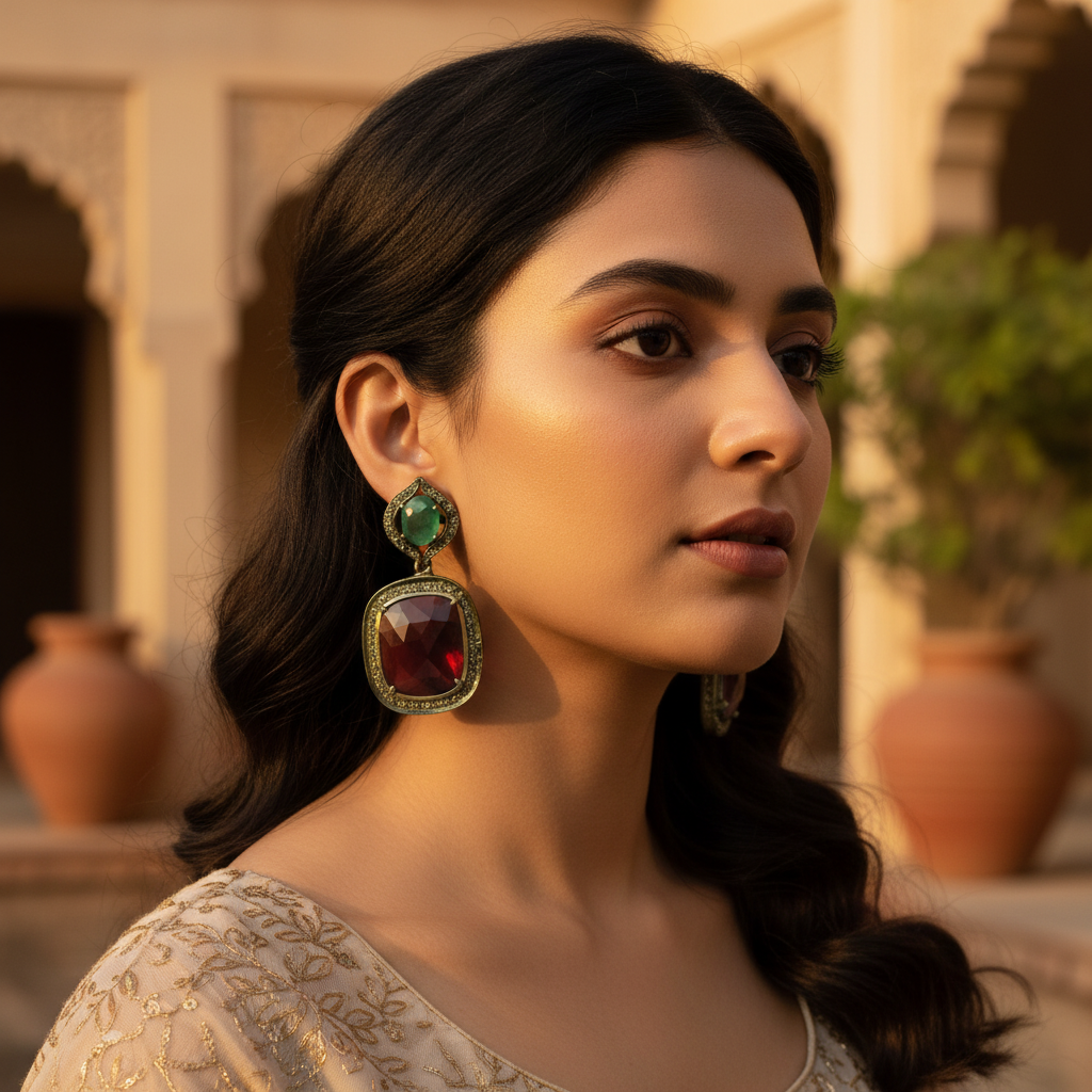 gold plating Tone Ruby & Emerald Earrings for Women | Statement Jewelry