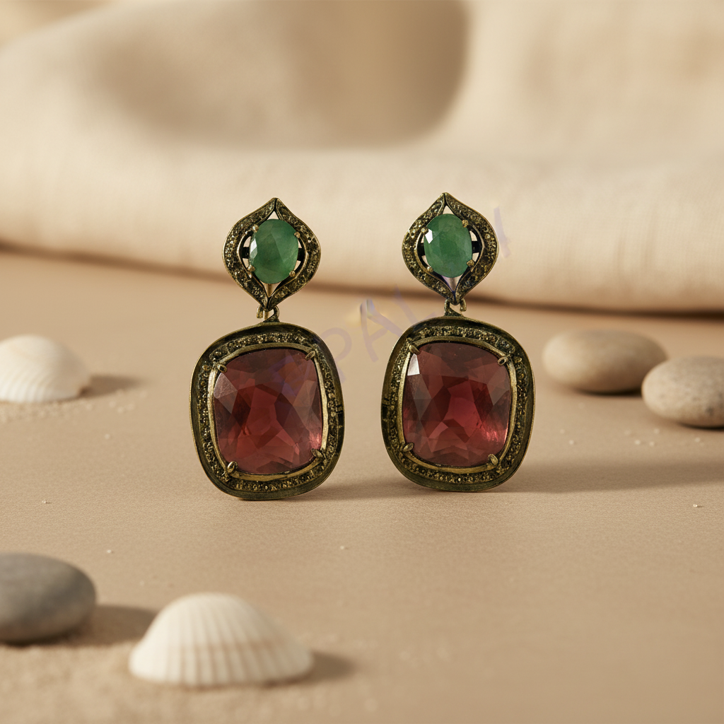 gold plating Tone Ruby & Emerald Earrings for Women | Statement Jewelry