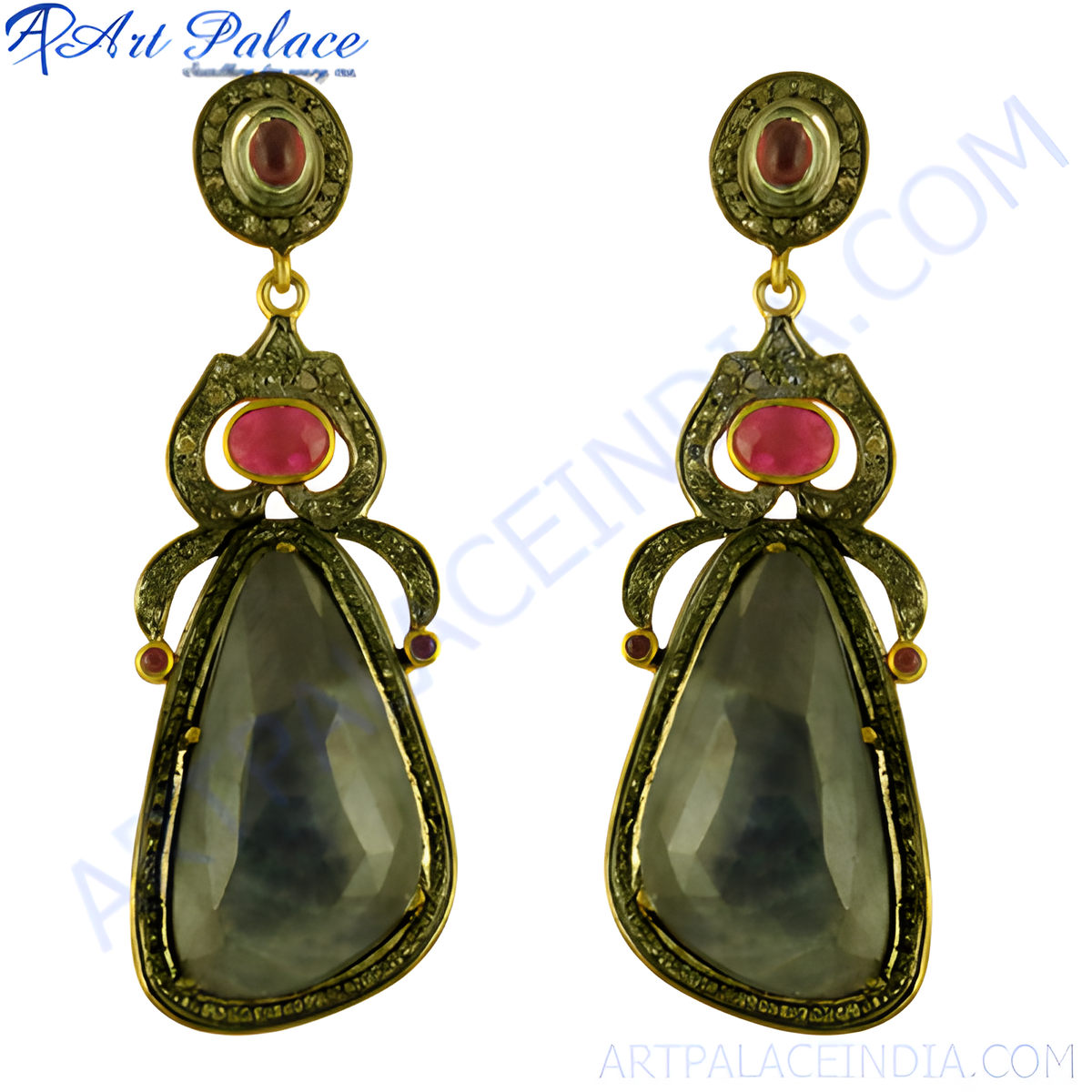 Gold plated drop earrings with a large faceted sapphire and ruby accents