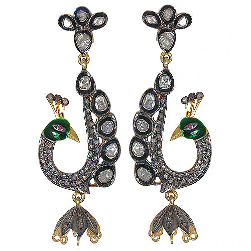 Peacock Dangle Earrings with Green Enamel & Diamonds | Art Palace