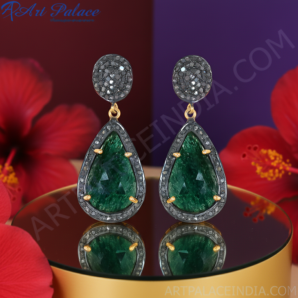 Emerald teardrop dangle earrings | black rhodium diamonds | for women