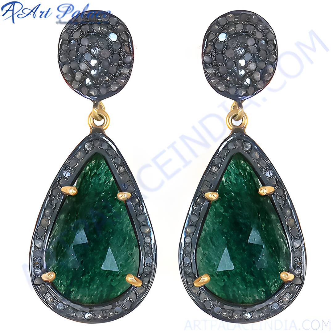 Emerald teardrop dangle earrings with black rhodium and diamond accents for women