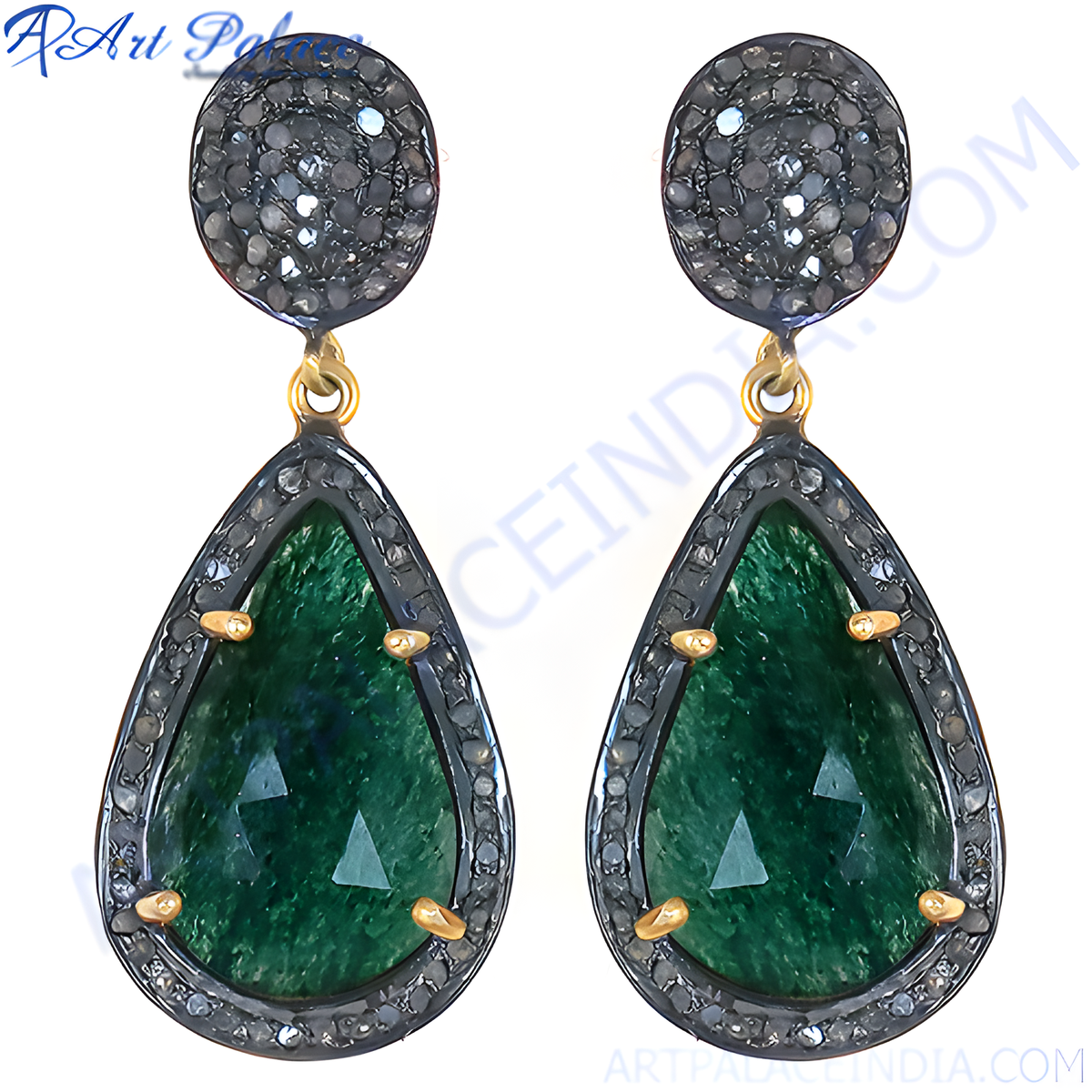 Emerald teardrop dangle earrings with black rhodium and diamond accents for women