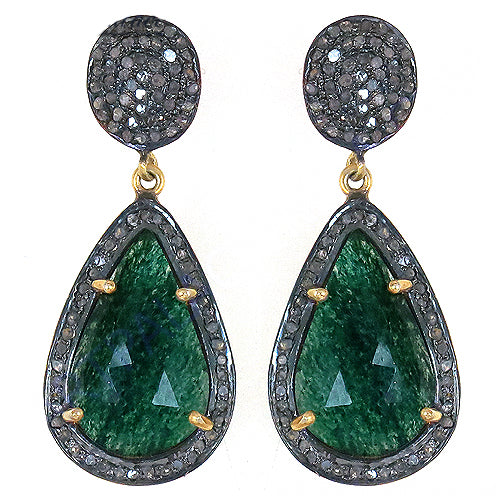 Emerald Teardrop Dangle Earrings | Black Rhodium Diamonds | For Women