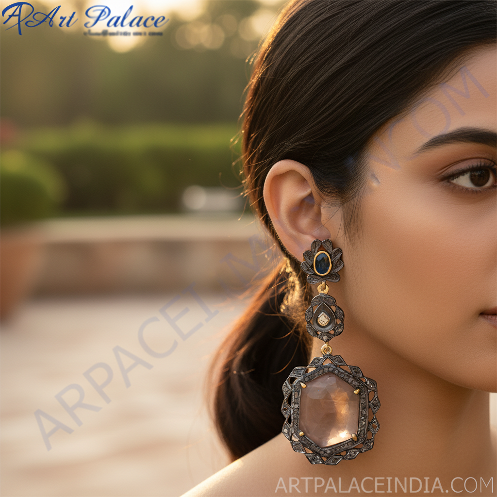 Gemstone Dangle Earrings | Oxidized Silver Earrings | For Women