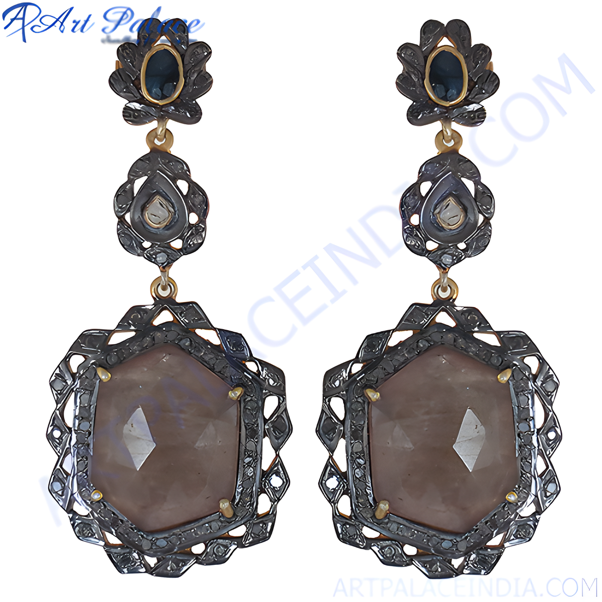 Oxidized silver dangle earrings with a large faceted gemstone and small accent stones