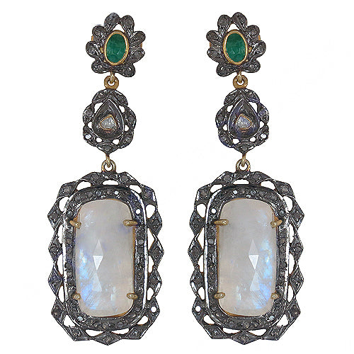 Moonstone Drop Earrings with Emerald Accents | Women's Jewelry