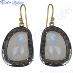Load image into Gallery viewer, Moonstone drop earrings with black rhodium and gold finish hook. Featuring natural moonstone gemstones.
