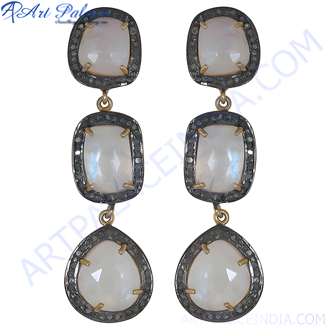 Silver moonstone drop earrings with white gemstones, perfect for women.