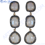 Load image into Gallery viewer, Silver moonstone drop earrings with white gemstones, perfect for women.
