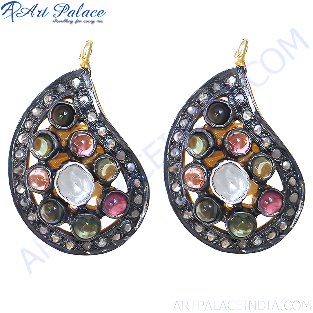 Multi-gemstone teardrop earrings with a silver frame, featuring various colorful gemstones and a gold hook.