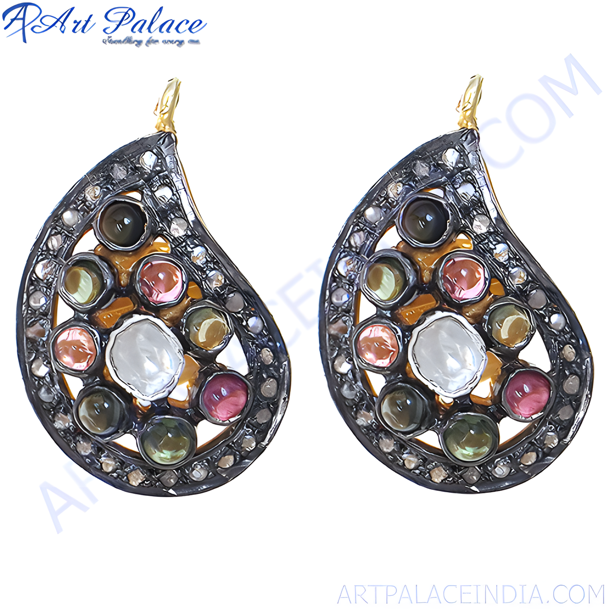 Multi gemstone teardrop earrings with a silver frame, featuring various colorful gemstones and a gold hook