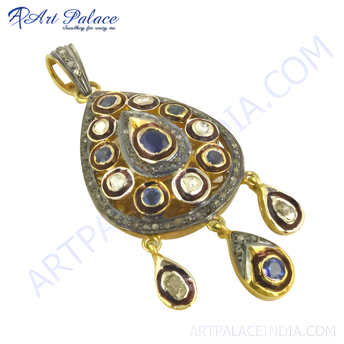 Gold teardrop pendant with sapphires and diamonds
