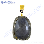 Load image into Gallery viewer, Gold plated silver pendant necklace with a large sapphire gemstone and diamond accents, perfect for gifting or everyday wear.
