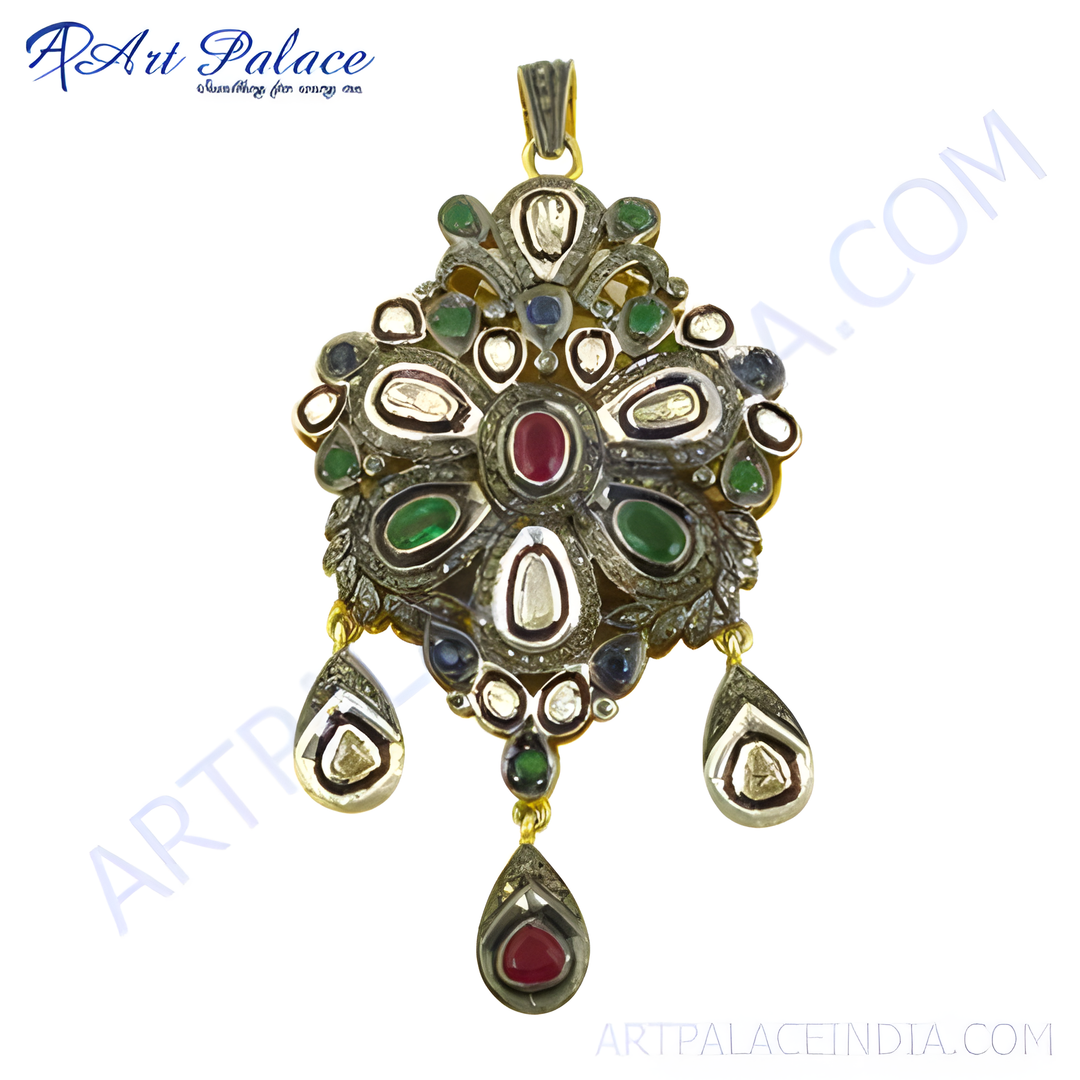Silver pendant with emerald and ruby gemstones, vintage style design