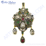 Load image into Gallery viewer, Silver pendant with emerald and ruby gemstones, vintage style design
