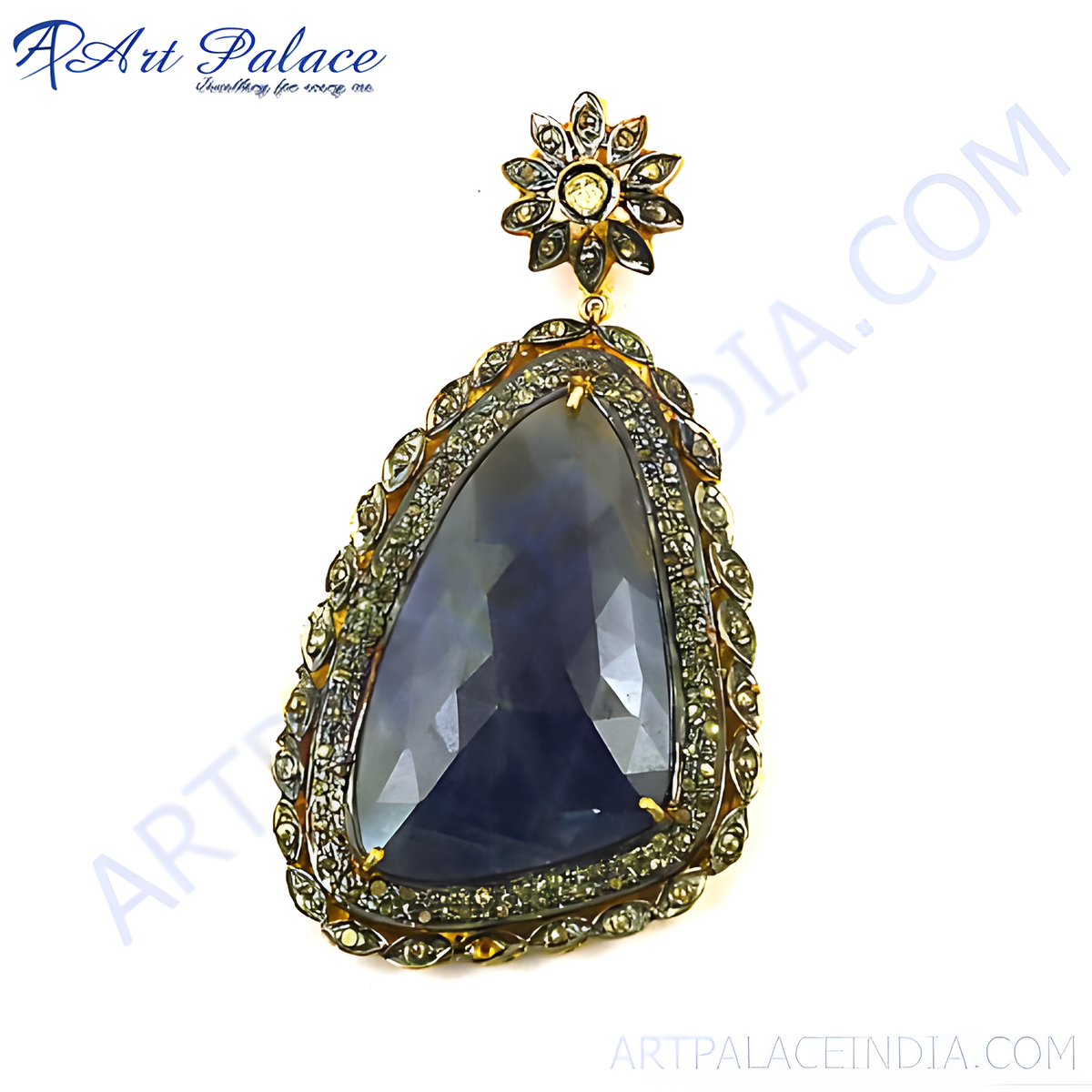 Vintage style gold plated pendant with large sapphire and diamond accents, for women's jewelry