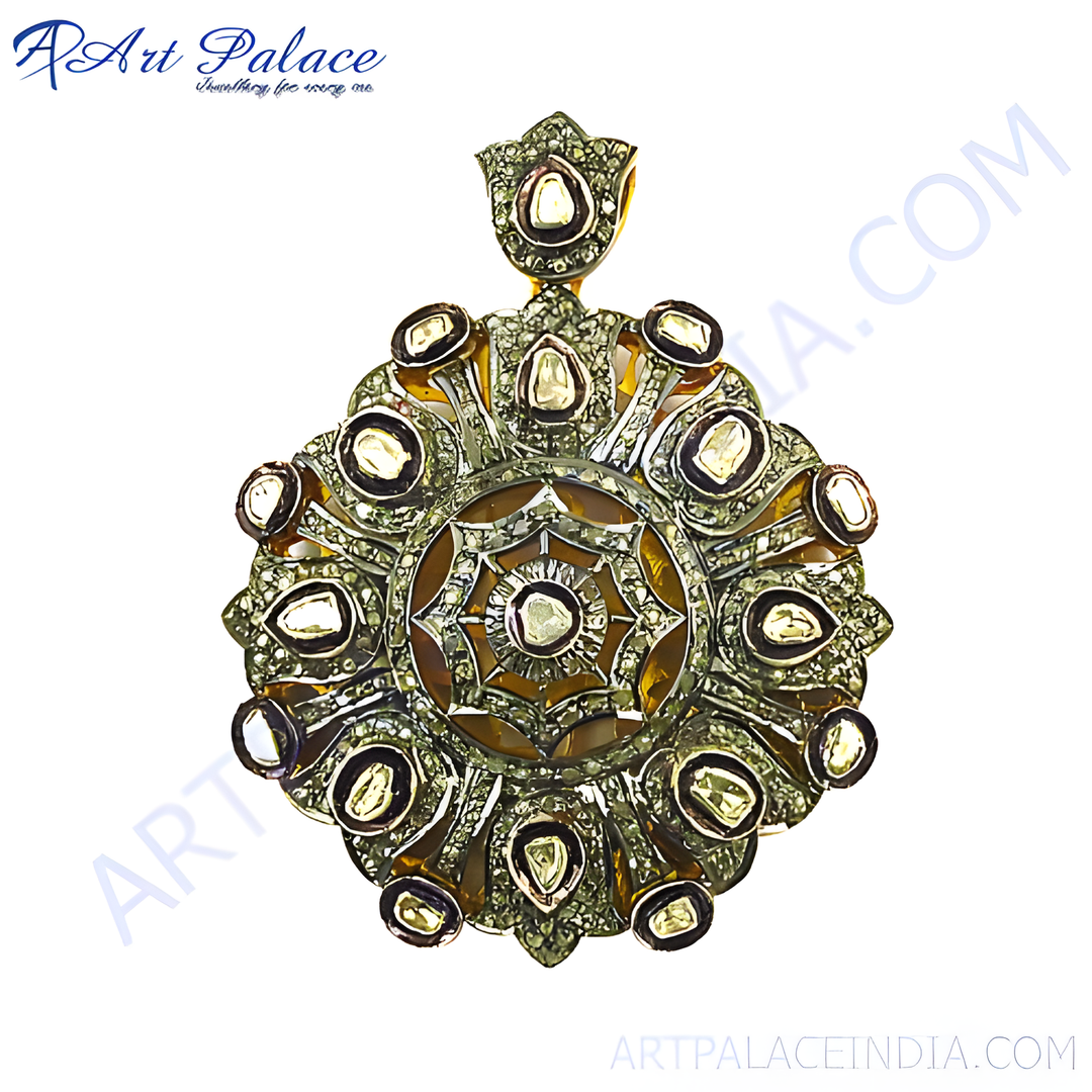 Antique diamond pendant with amber gemstone center, ornate design, fine jewelry, for women.