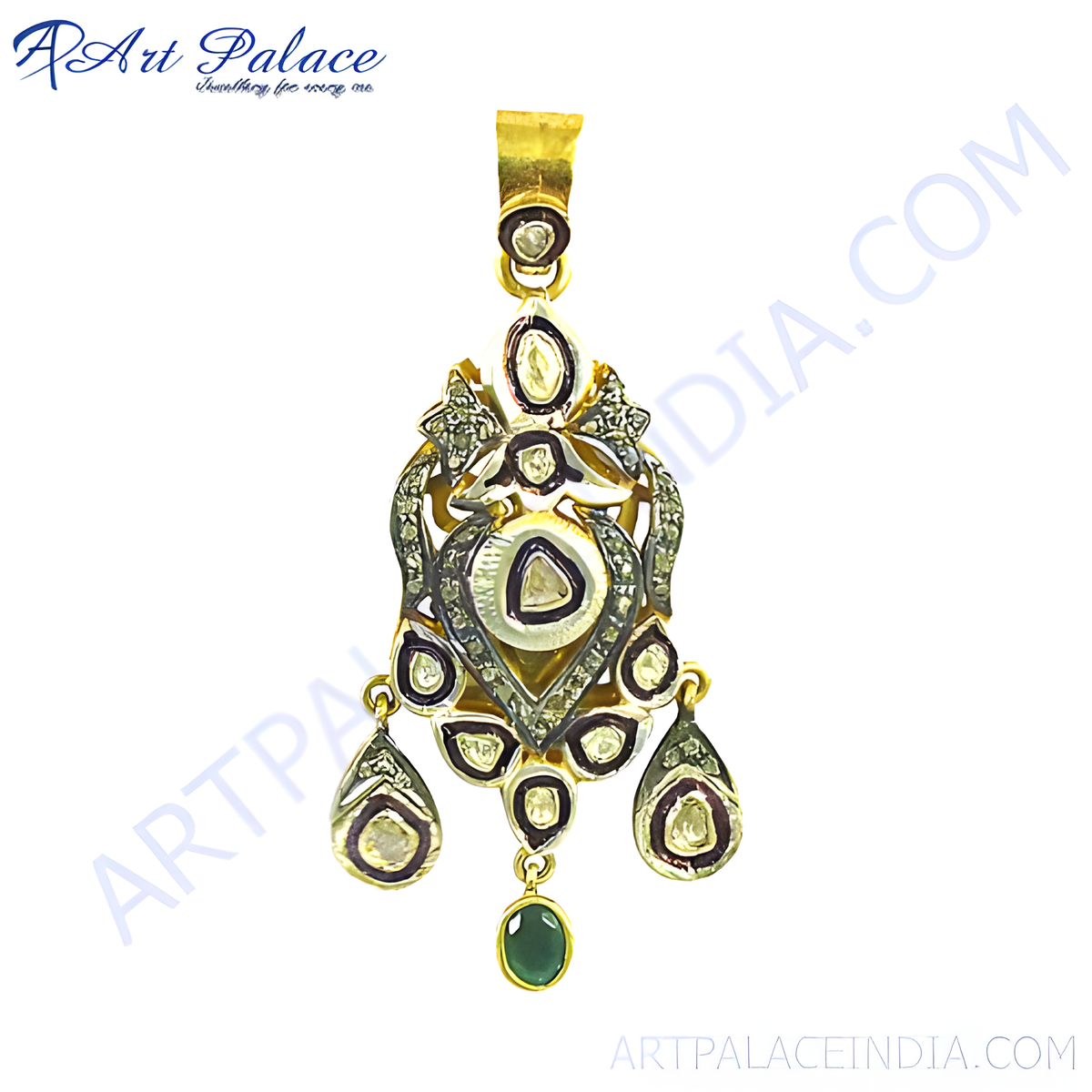 Gold emerald pendant with an intricate vintage design; a gemstone necklace