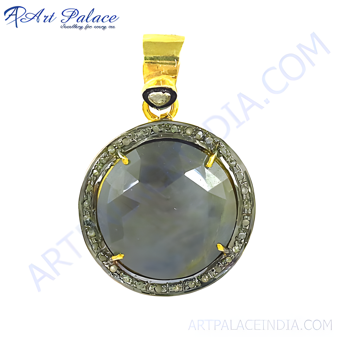 Gold pendant featuring a large round cut sapphire gemstone surrounded by diamonds.