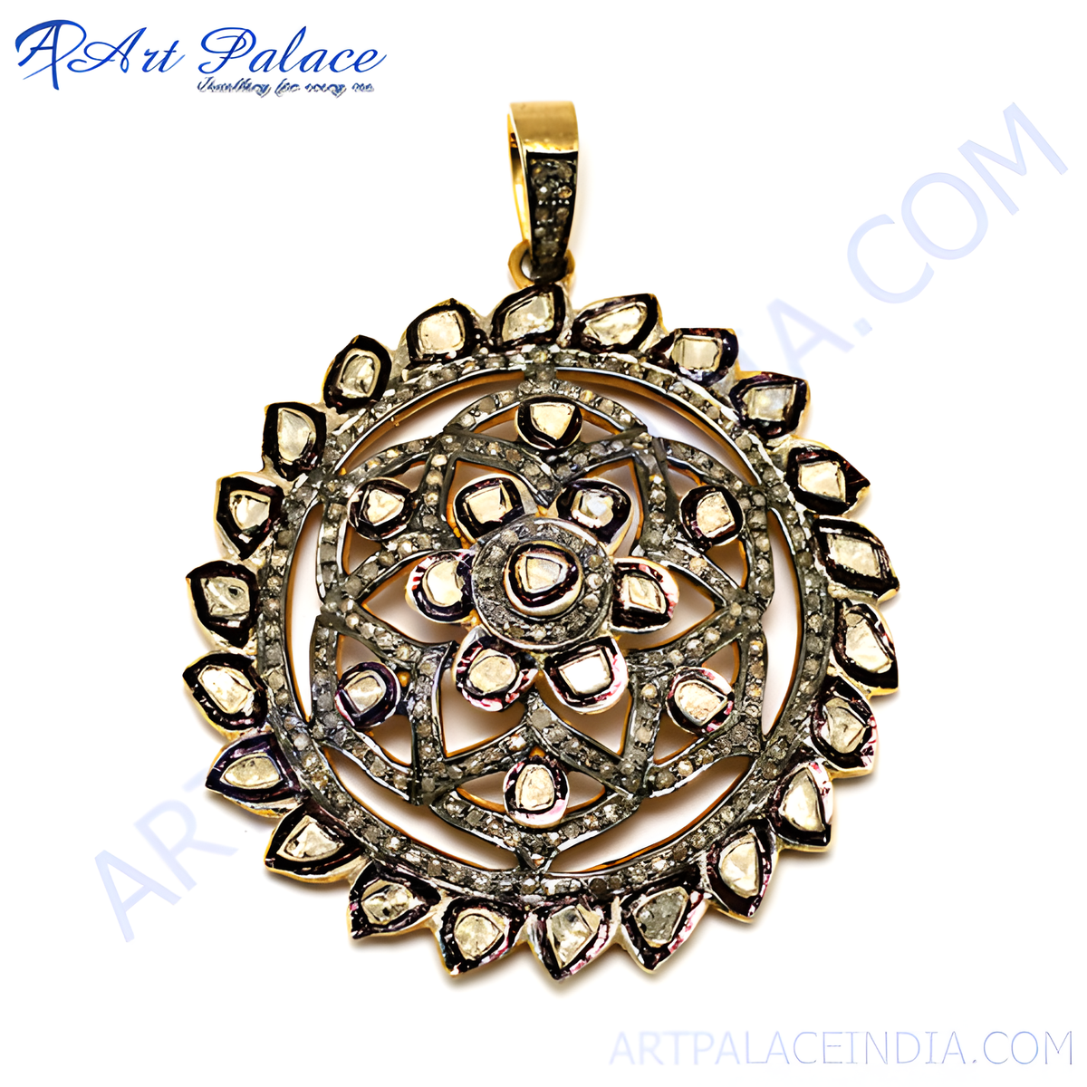 Gold diamond floral pendant with intricate detailing and sparkling diamonds on a white background