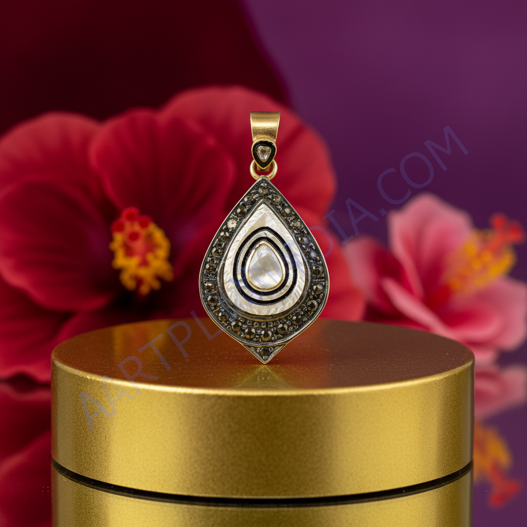 Gold Pear-Shaped Pendant with Mother of Pearl and Diamonds