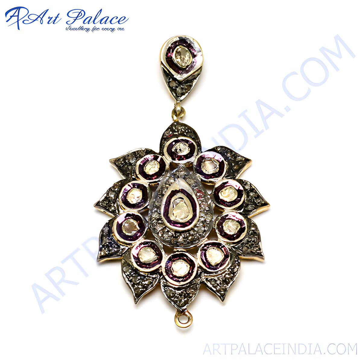 Vintage style diamond floral pendant with detailed design and gemstone accents