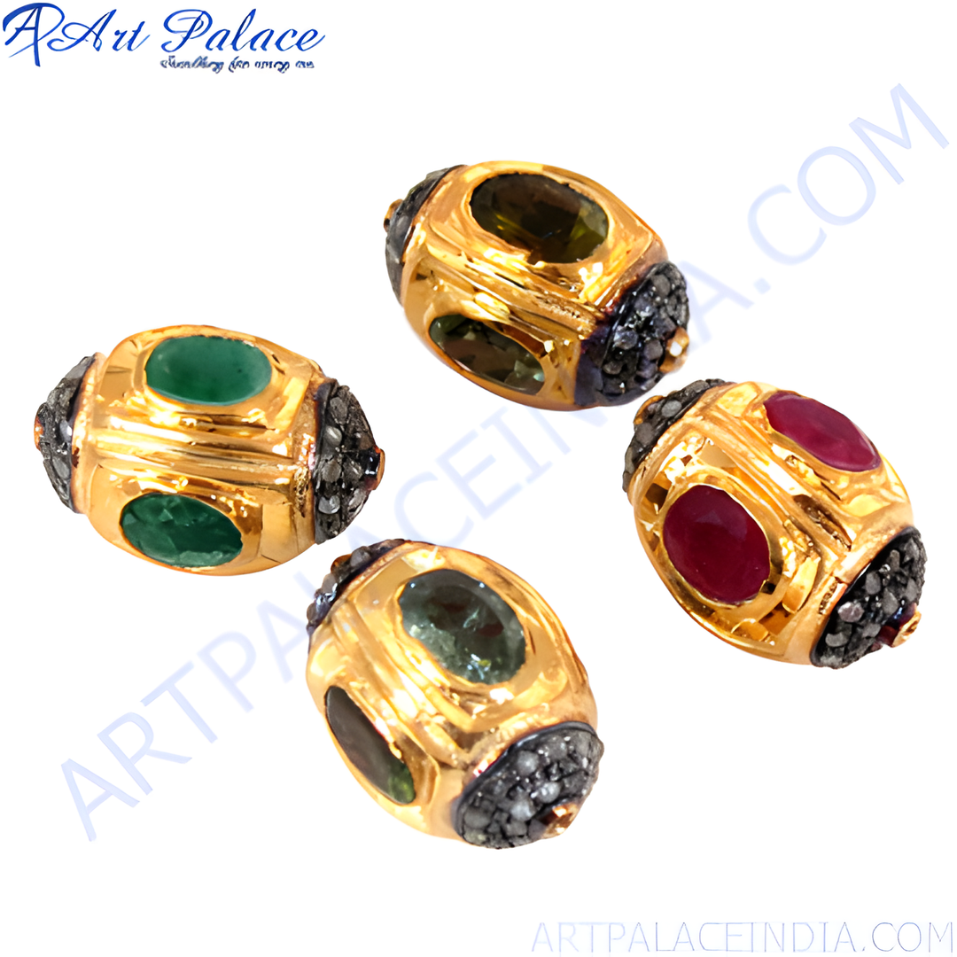 Gold gemstone beads with emerald and ruby for jewelry making.