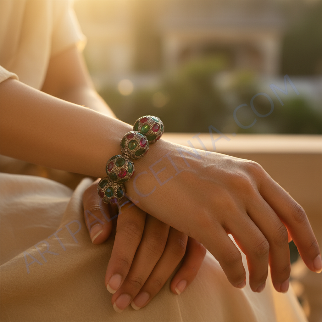 宝石串珠球吊坠 | 银红宝石祖母绿首饰