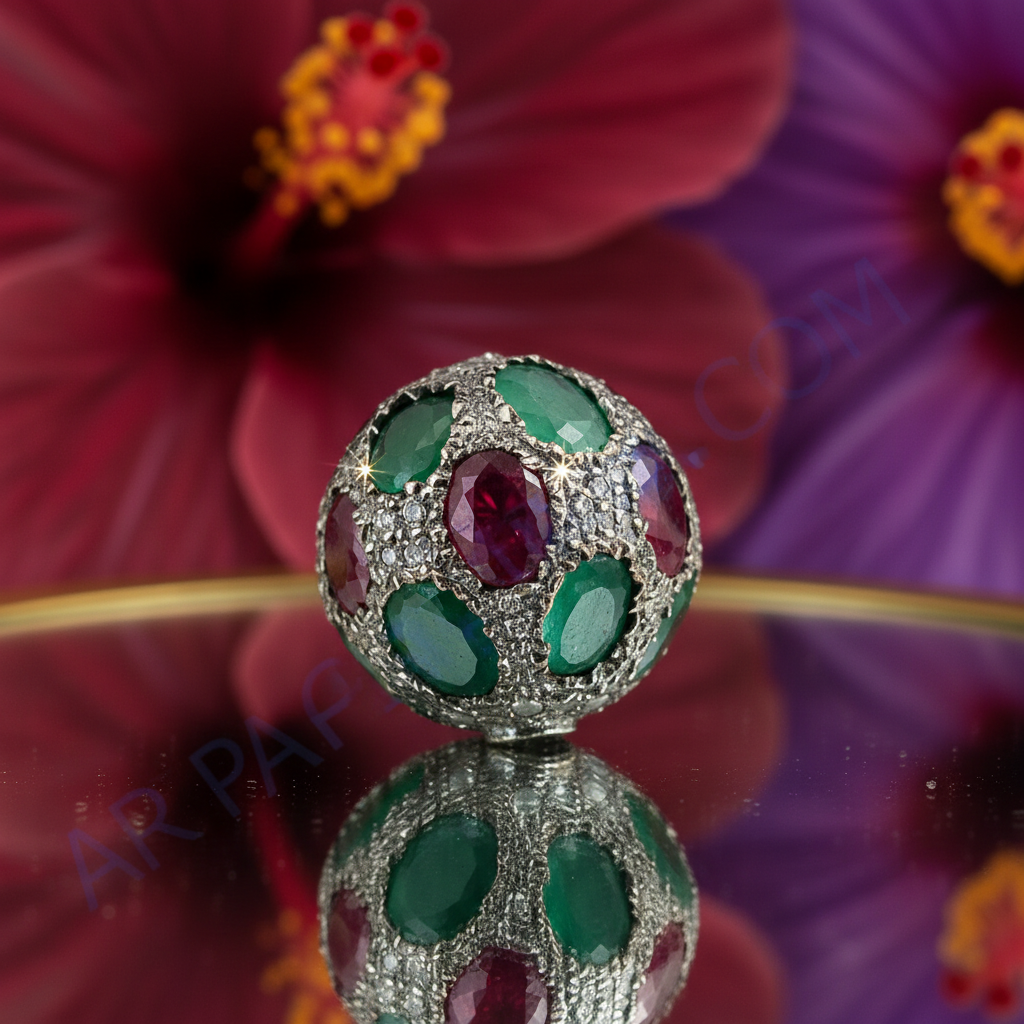 宝石串珠球吊坠 | 银红宝石祖母绿首饰