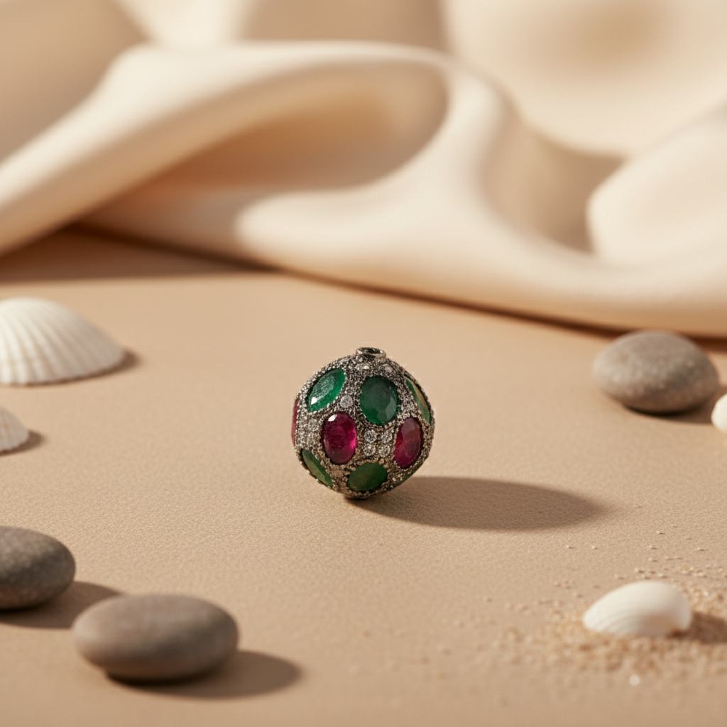 Gemstone Beaded Ball Pendant | Silver Ruby Emerald Jewelry