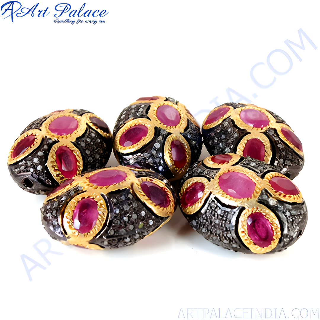 Black finish beads with ruby and diamond gemstones in gold plating, perfect for jewelry making