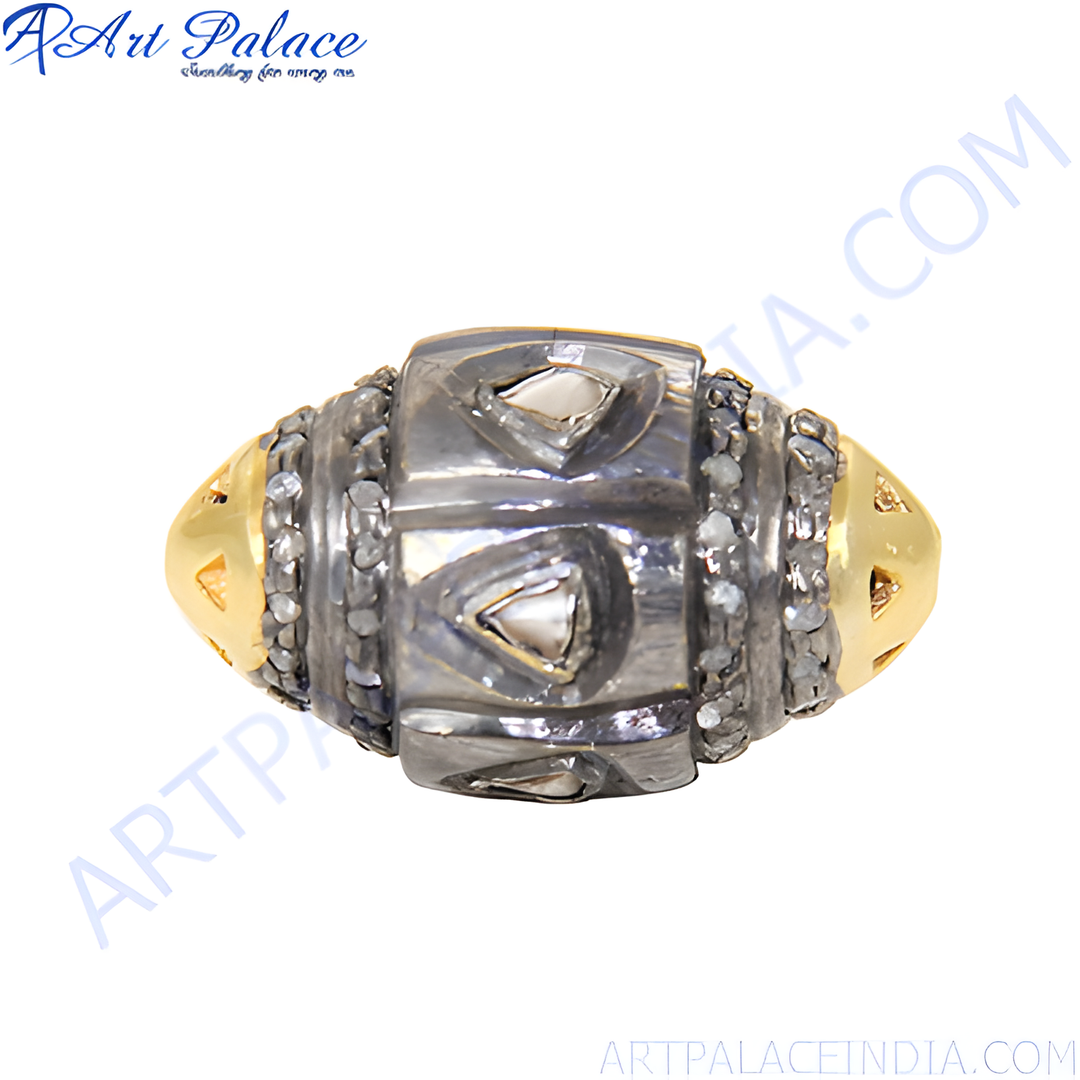 Silver beaded ring with diamond accents and gold detailing for a luxurious look.