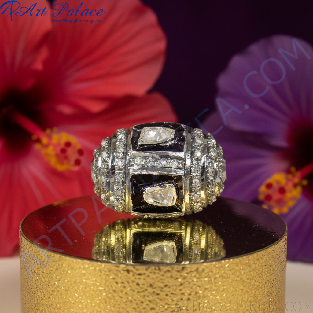 Silver beaded ring with diamond accents | women's ring