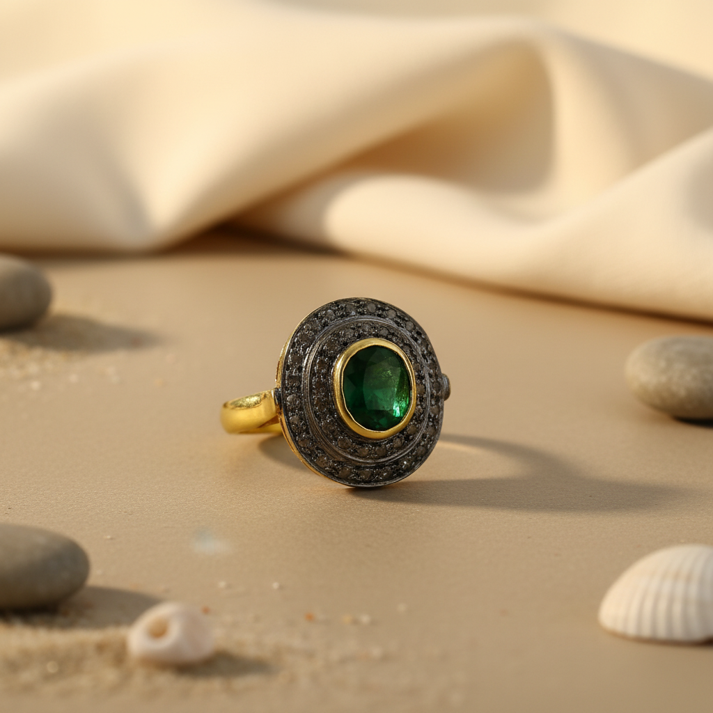 gold plating Ring with Emerald & Diamond Accents | Women's Ring