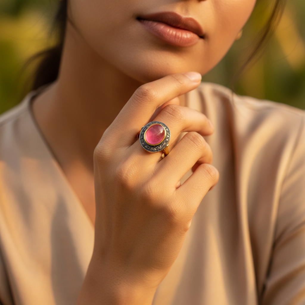 gold plating Ring with Pink Gemstone for Women | Statement Jewelry